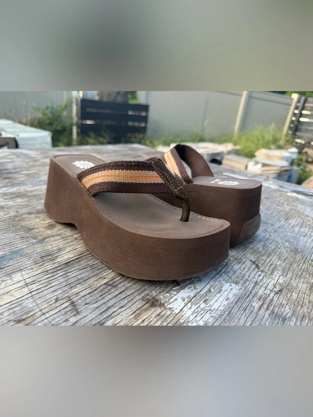 Yellow Box Brown Platform Flip Flop Sandals with Cream and Tan Stripes